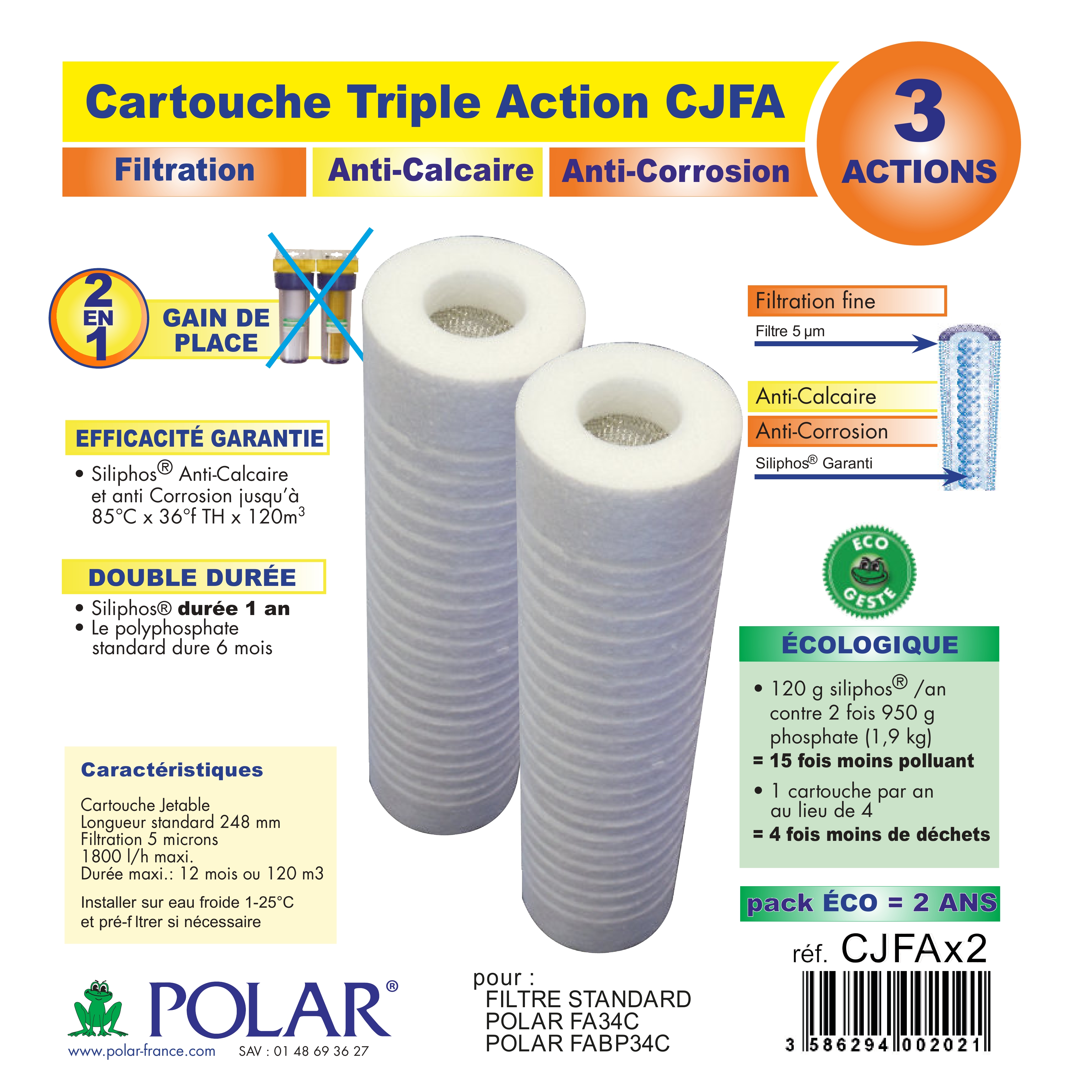 CJFAX2-POLAR] Lot de 2 cartouches filtrantes - anti calcaire/corrosion